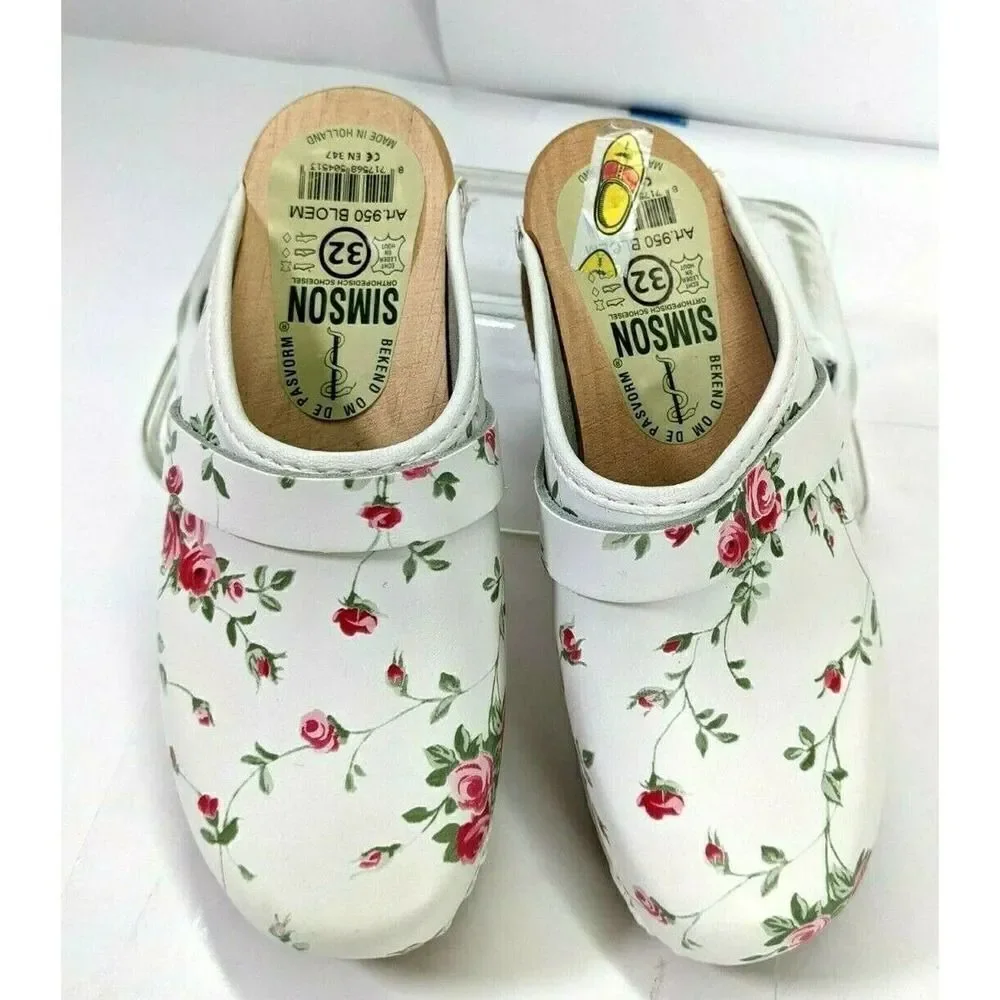 Holland Simson Girls Floral Leather Clogs 2 3 US Size 32 EU Fleuriste Pink White